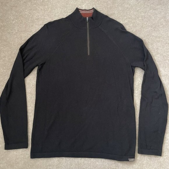 Eddie Bauer Sweater Mens Small Black Quarter Zip Pullover Cotton Cashmere Shirt - Picture 1 of 9